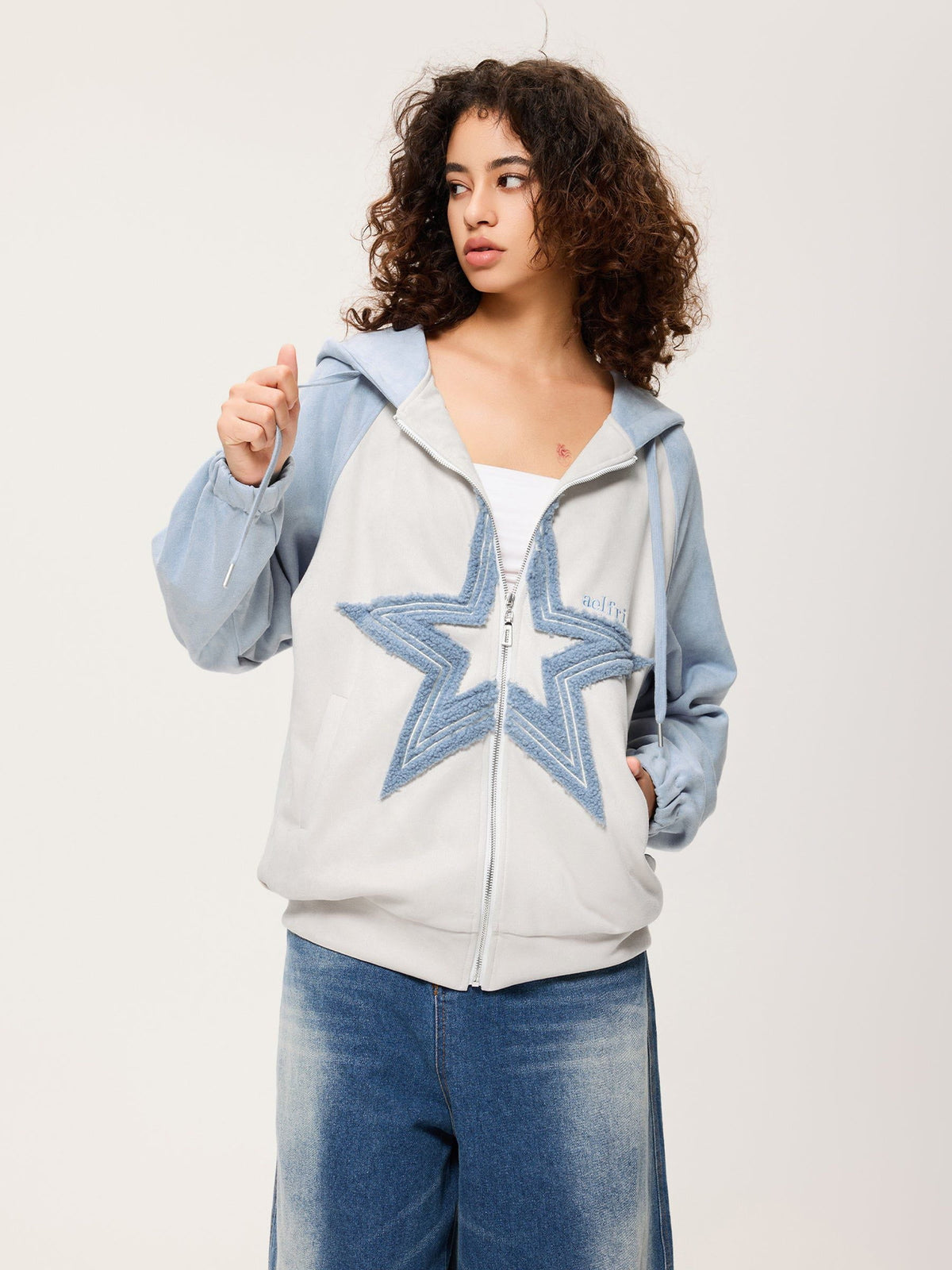 Fvshya Suede Star Patchwork Zip Up Hoodie