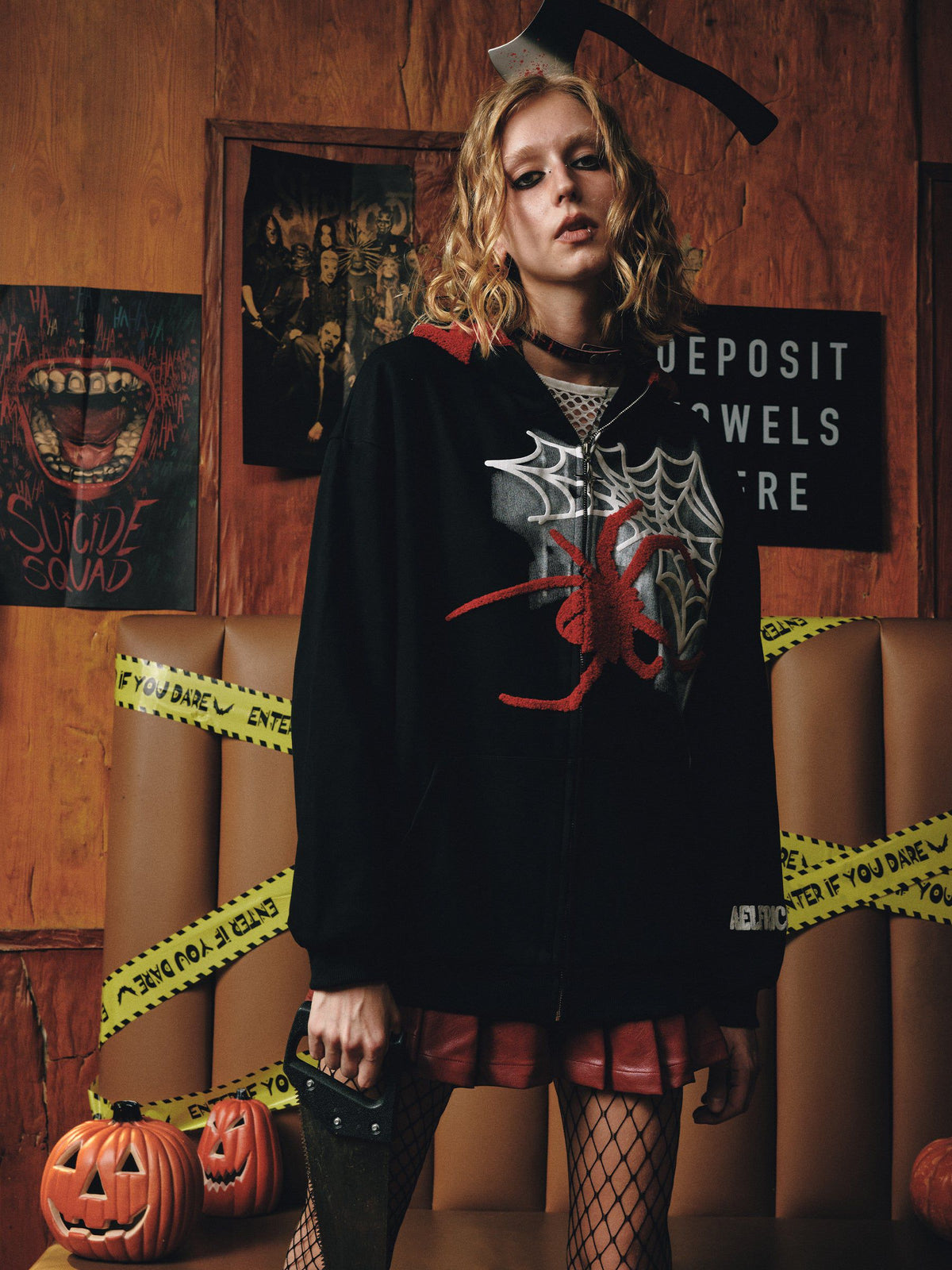 Fvshya Horn Design Flocking Spider Zip Up Hoodie