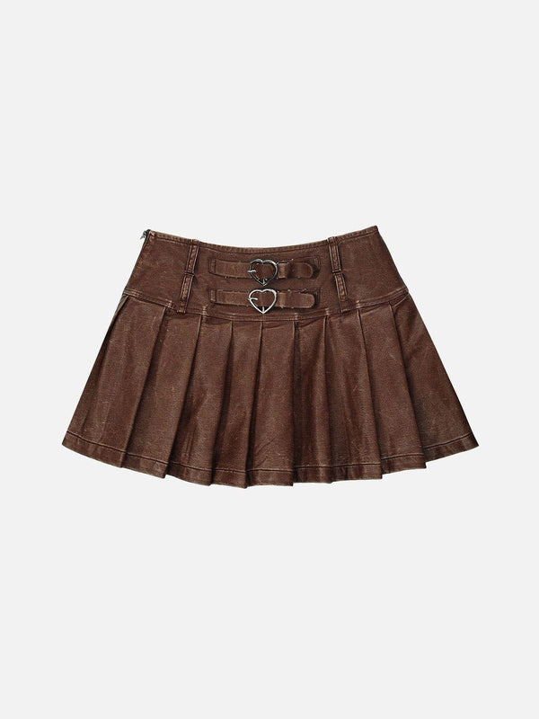 Fvshya Heart Belt Faux Leather Pleated Skirt