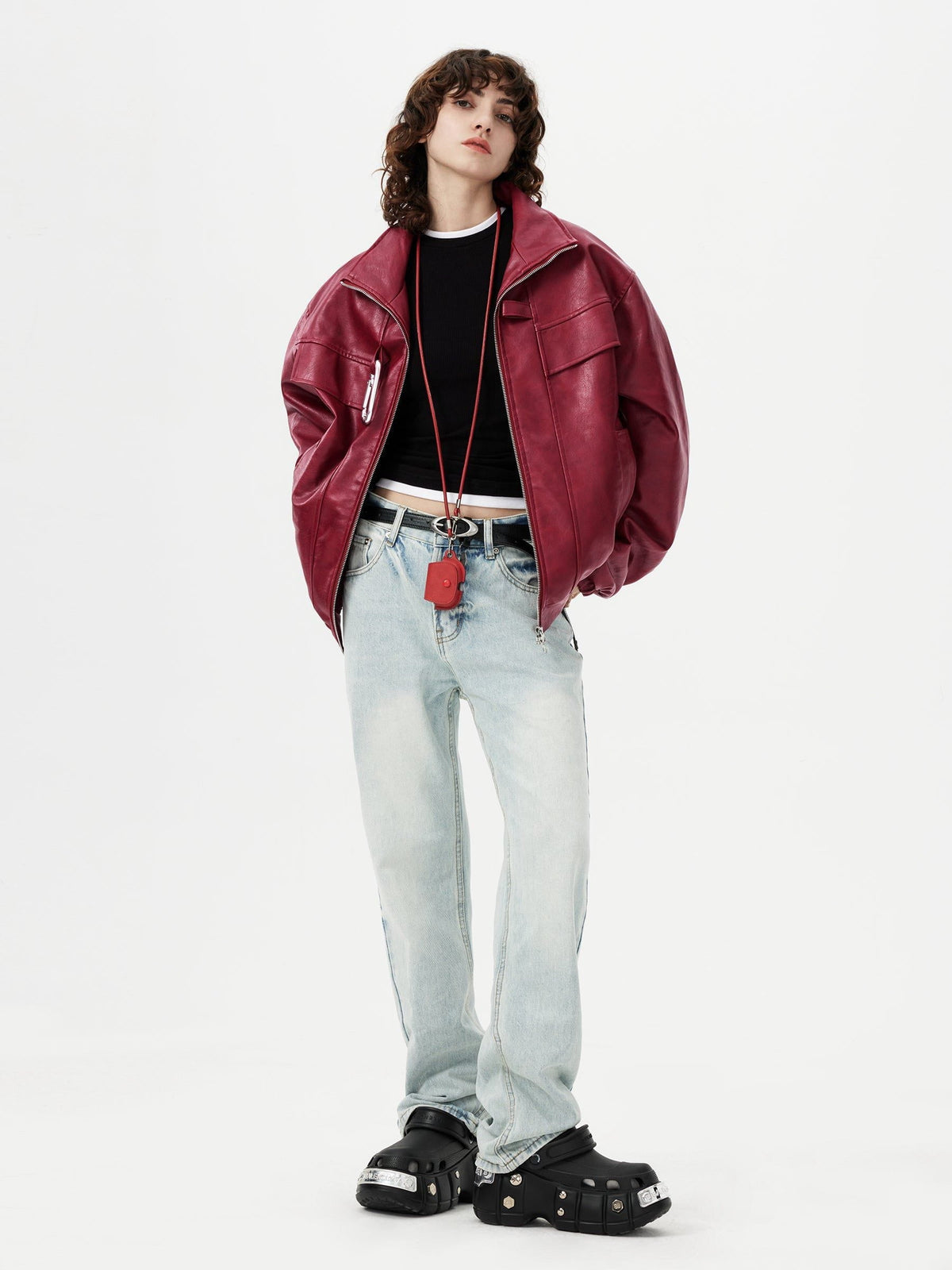 Fvshya Metal Buckle Faux Leather Jacket