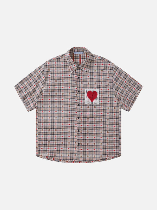 Fvshya Crochet Heart Pocket Plaid Shirt
