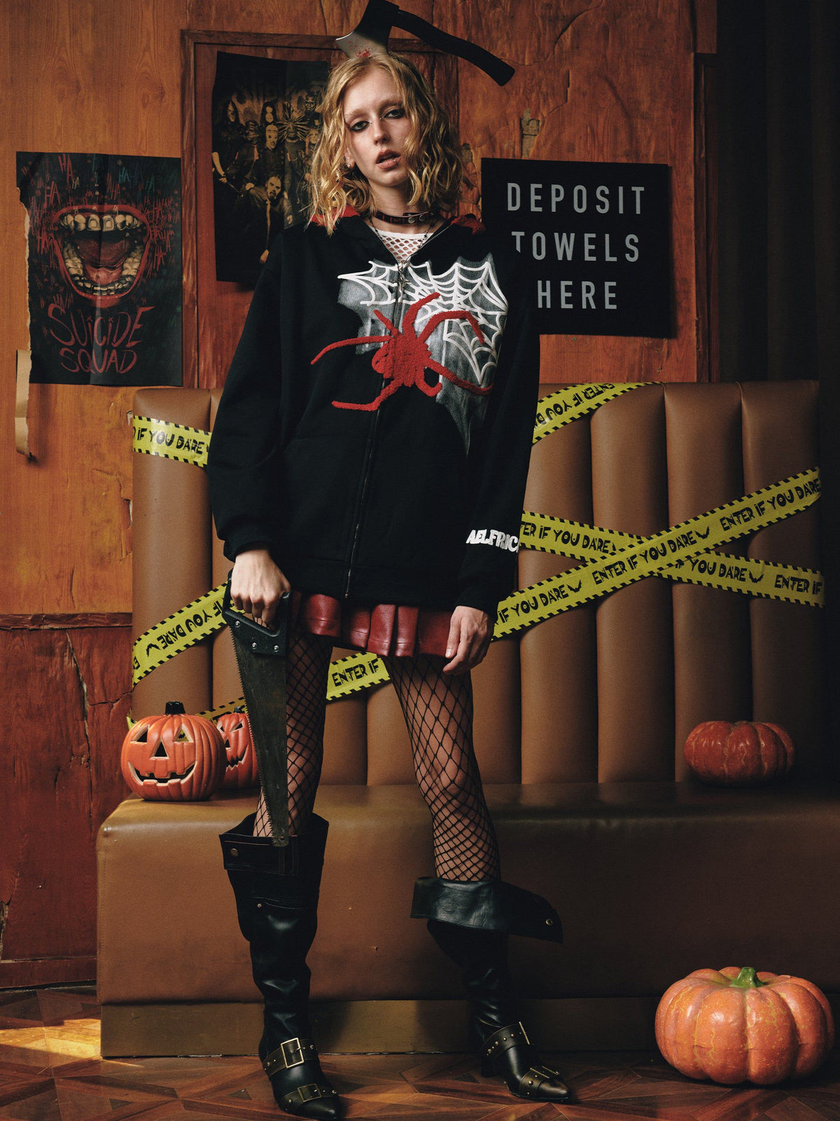 Fvshya Horn Design Flocking Spider Zip Up Hoodie