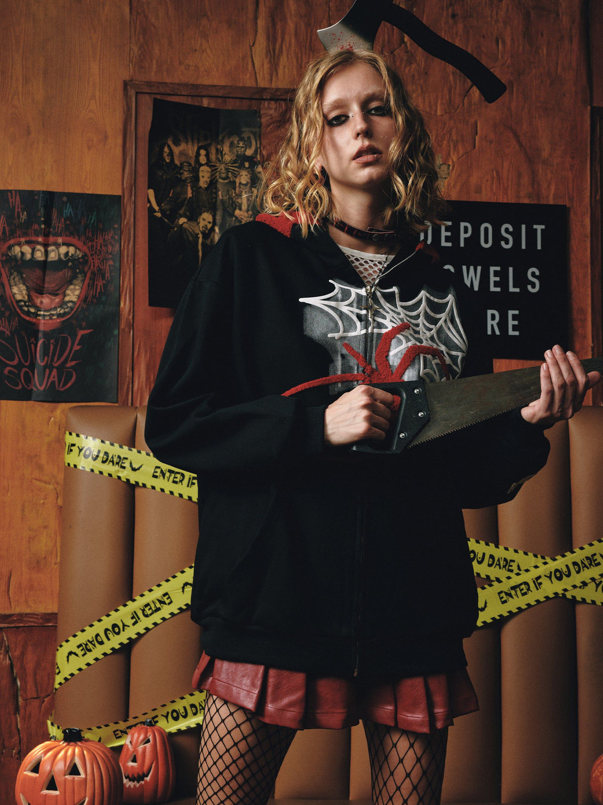 Fvshya Horn Design Flocking Spider Zip Up Hoodie