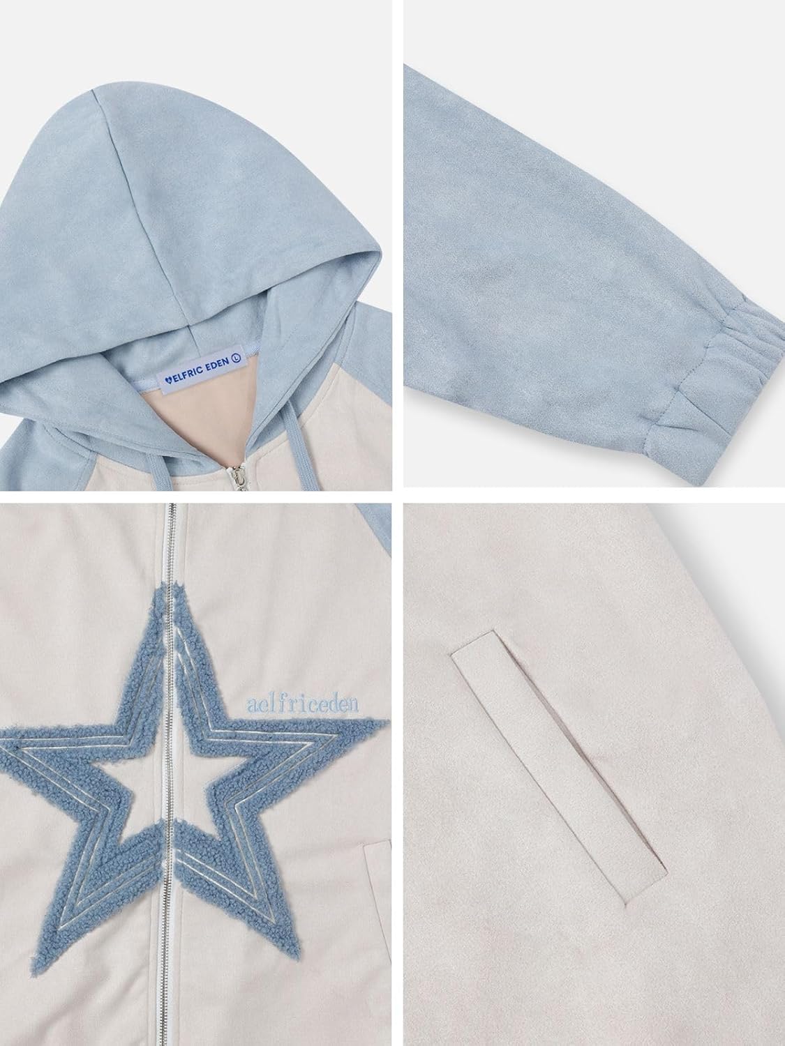 Fvshya Suede Star Patchwork Zip Up Hoodie