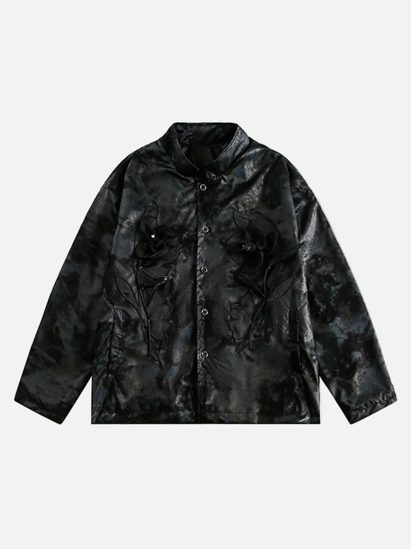Fvshya Floral Stand Collar Leather Jacket