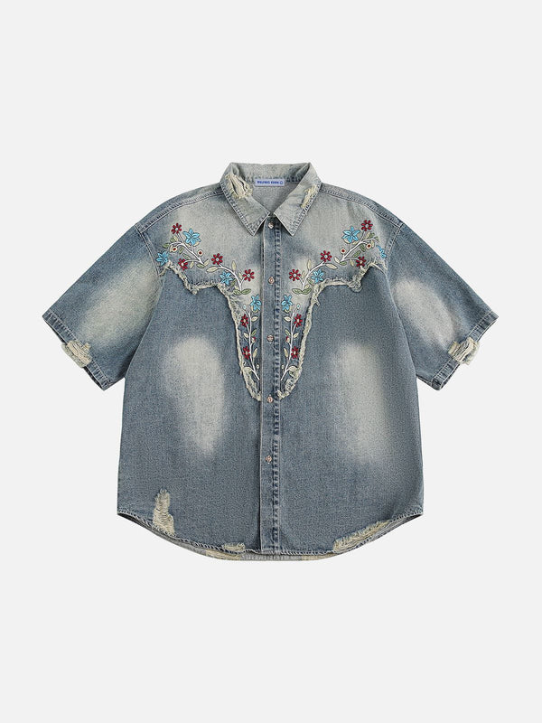 Fvshya Flower Embroidery Denim Short Sleeve Shirt