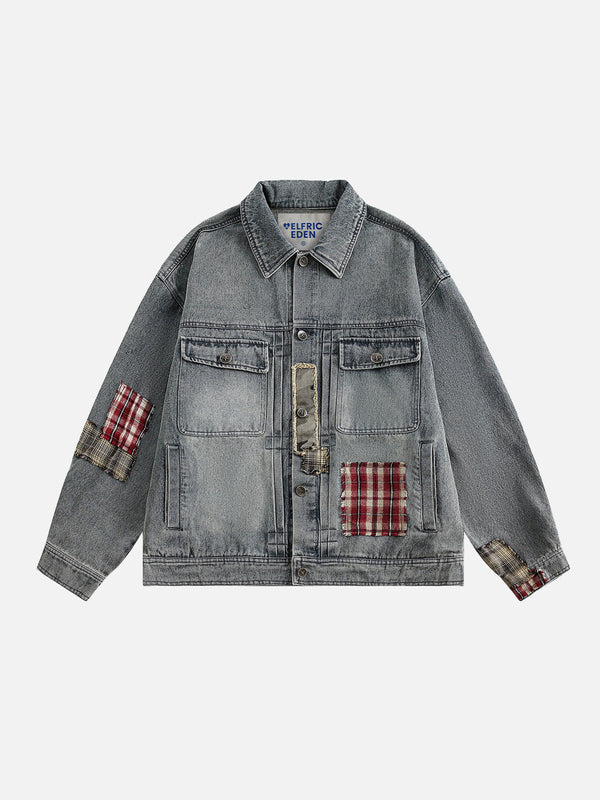 Fvshya Plaid Patchwork Washed Denim Jacket