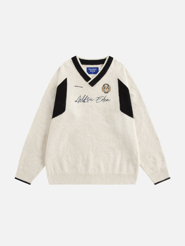 Fvshya Patchwork V-Neck Sweater