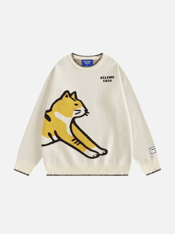 Fvshya Hand Drawn Cat Jacquard Sweater