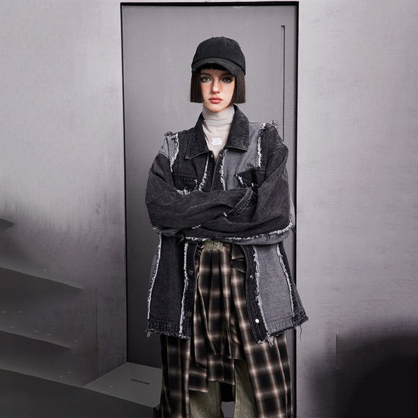 Fvshya "Street Star" Patchwork Black Denim Jacket