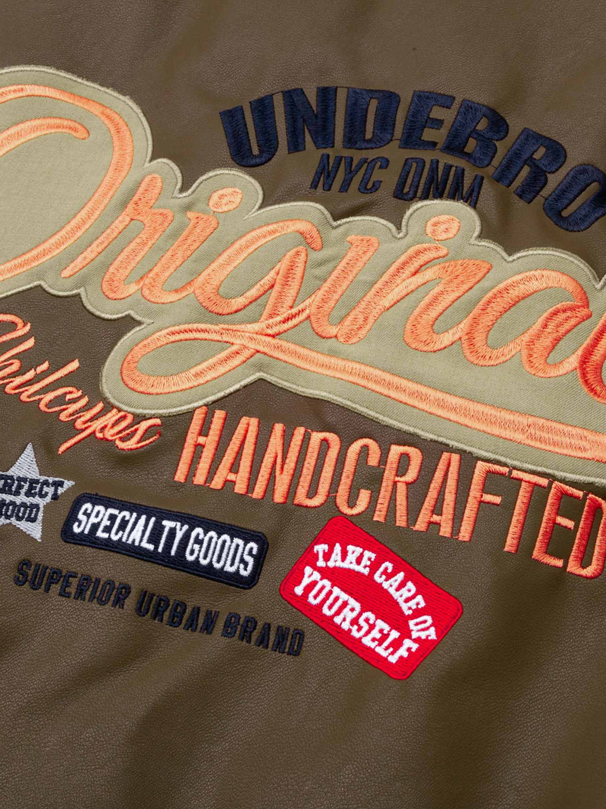 Fvshya Lettering Embroidered Leather Bomber Jacket