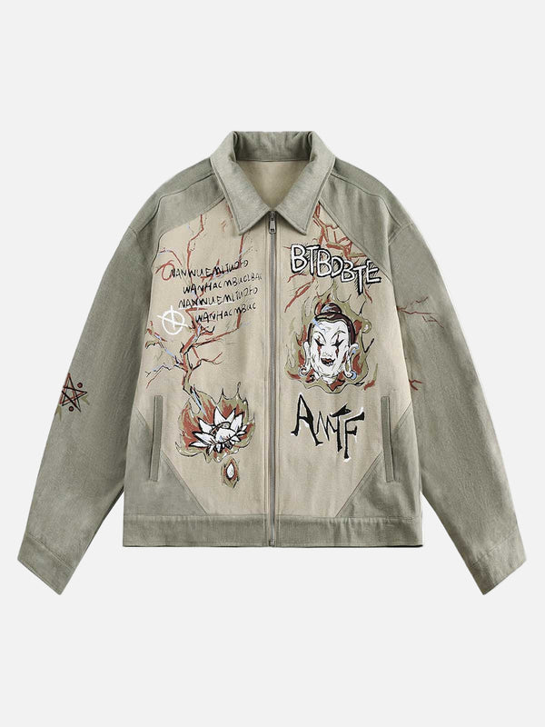Fvshya Graffiti Patchwork Lapel Denim Jacket
