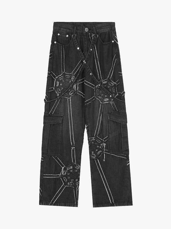 Fvshya High Street Hip-Hop Spider Web Denim Pants
