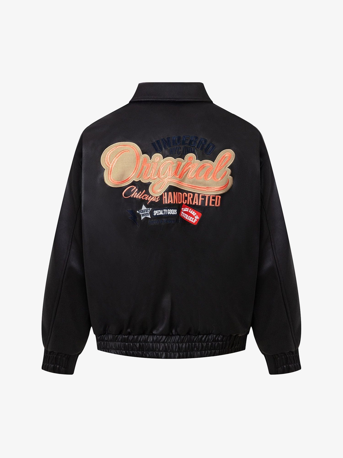 Fvshya Lettering Embroidered Leather Bomber Jacket