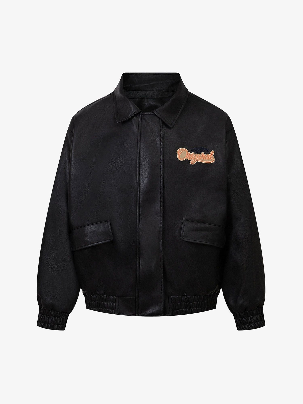 Fvshya Lettering Embroidered Leather Bomber Jacket