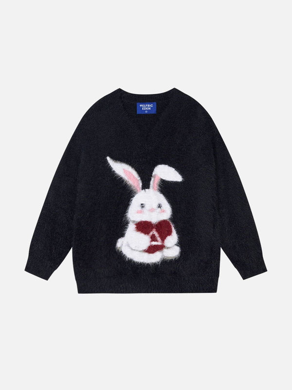 Fvshya Rabbit Graphic Jacquard V-Neck Sweater