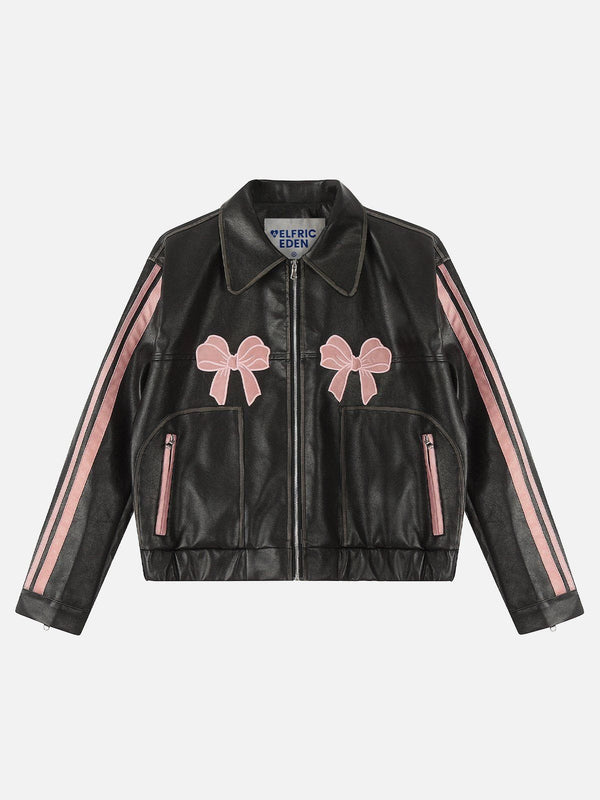 Fvshya Embroidery Bow Faux Leather Jacket