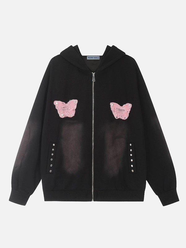 Fvshya Distressed Butterfly Washed Zip Up Hoodie