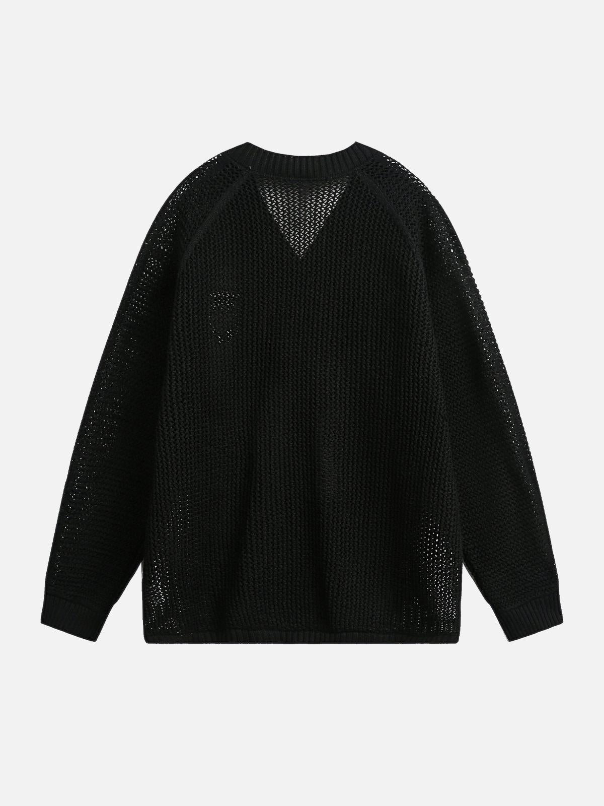 Fvshya Vintage Ripped Long Sleeve Knitted Jersey V-Neck Sweater