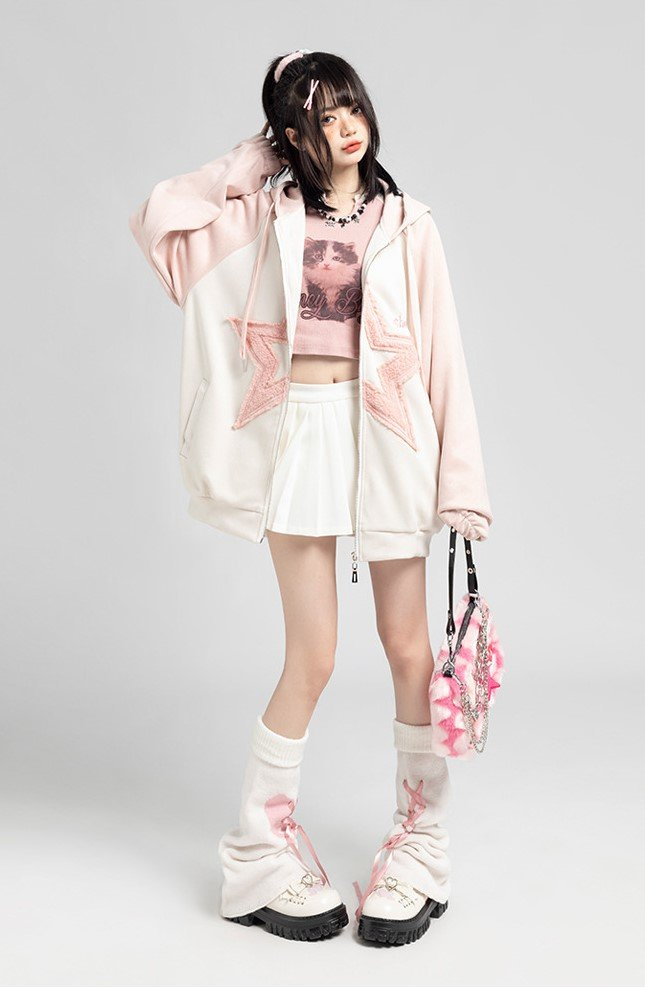 Fvshya Suede Star Patchwork Zip Up Hoodie