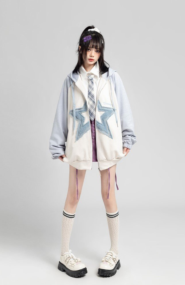 Fvshya Suede Star Patchwork Zip Up Hoodie