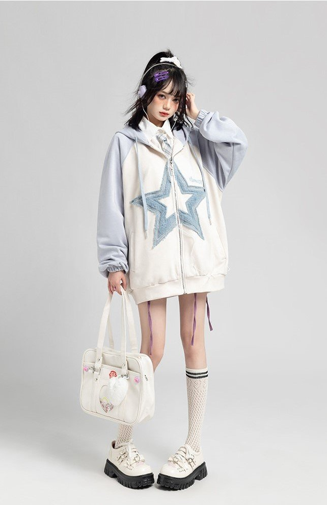 Fvshya Suede Star Patchwork Zip Up Hoodie