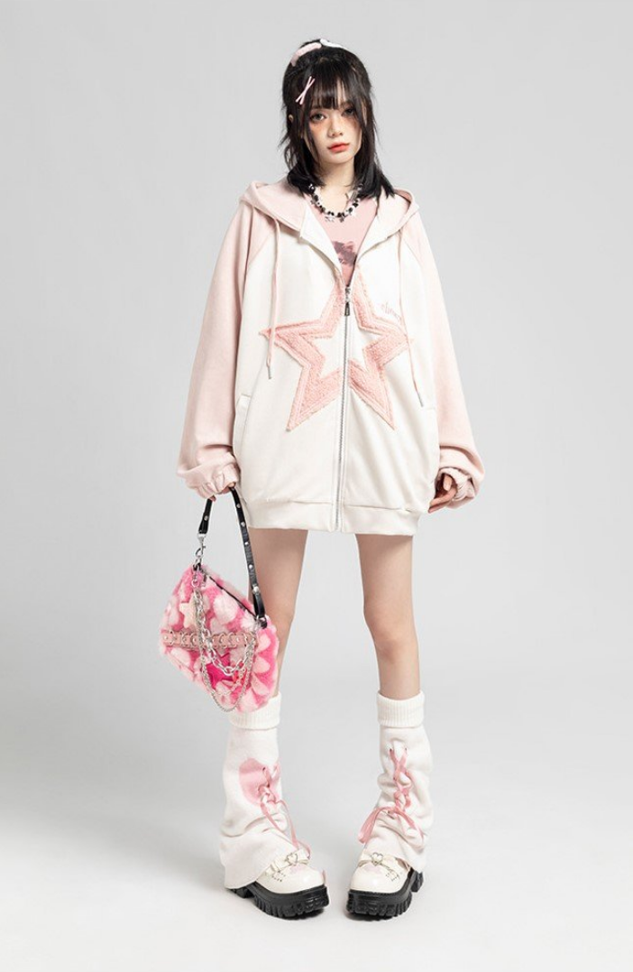 Fvshya Suede Star Patchwork Zip Up Hoodie