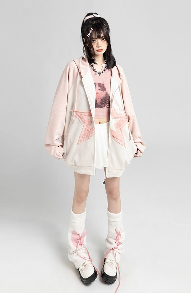 Fvshya Suede Star Patchwork Zip Up Hoodie