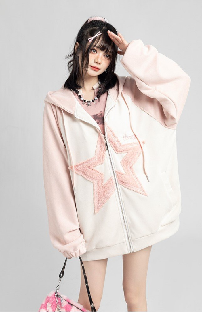 Fvshya Suede Star Patchwork Zip Up Hoodie