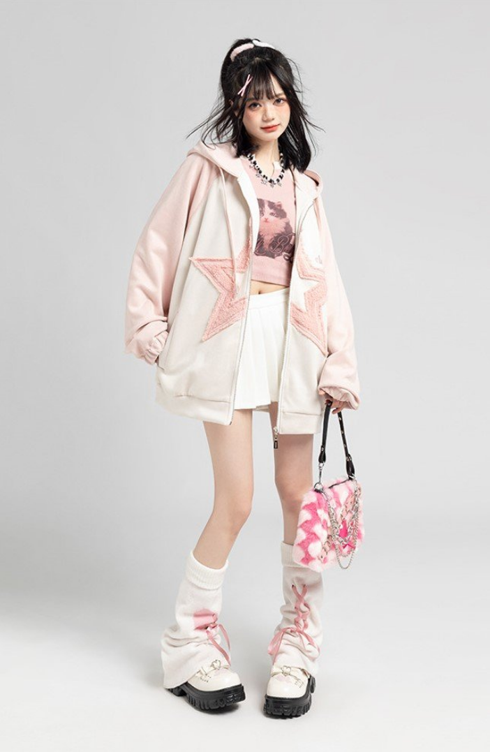 Fvshya Suede Star Patchwork Zip Up Hoodie