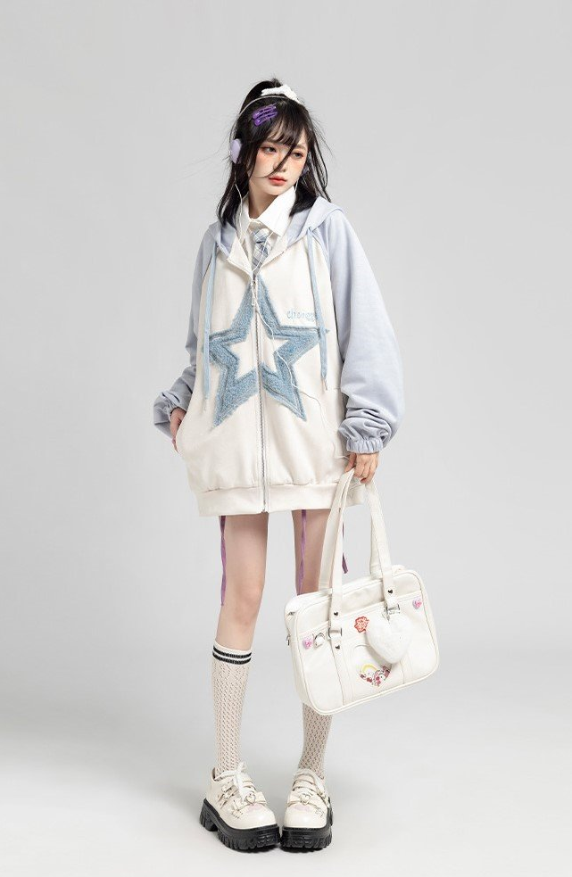 Fvshya Suede Star Patchwork Zip Up Hoodie
