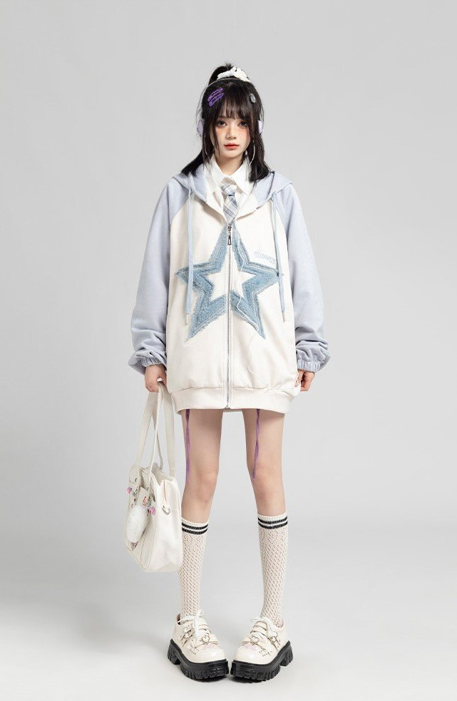 Fvshya Suede Star Patchwork Zip Up Hoodie