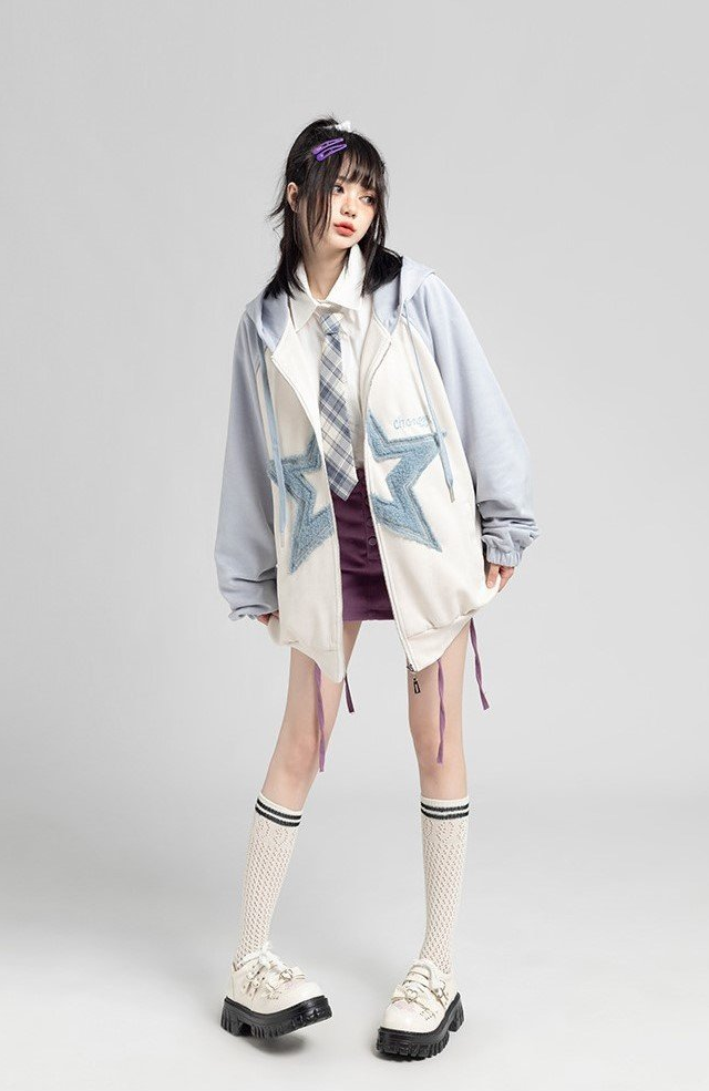 Fvshya Suede Star Patchwork Zip Up Hoodie